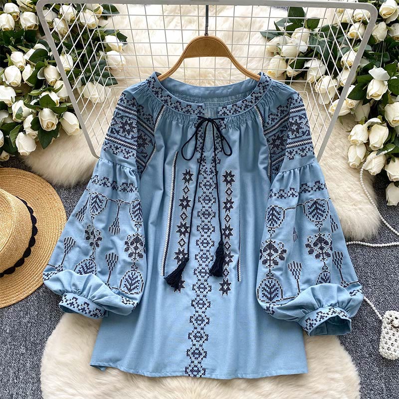 Camicia da donna Olivenorma con ricamo democratico in stile boho - Blu - Taglia unica - image 4