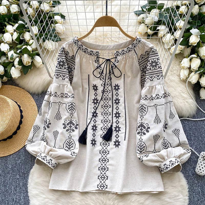 Camicia da donna Olivenorma con ricamo democratico in stile boho
