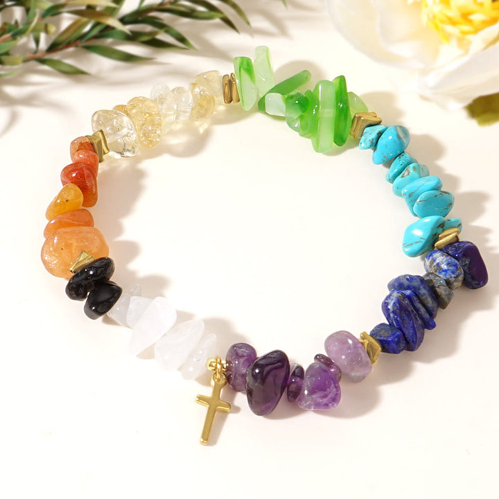 Bracciale elastico a croce con ghiaia arcobaleno e cristalli curativi Olivenorma - Bracciale a croce - image 2