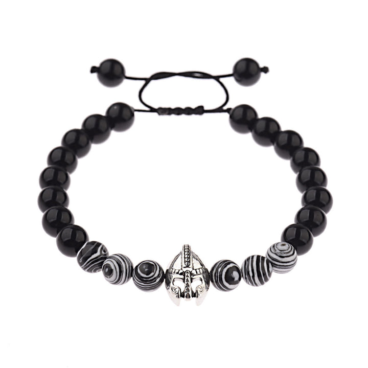 Bracciale Olivenorma con elmo da guerriero spartano regolabile da 8 mm con pietre preziose - Perle di ossidiana + resina di zebra + elmo d'argento - image 24