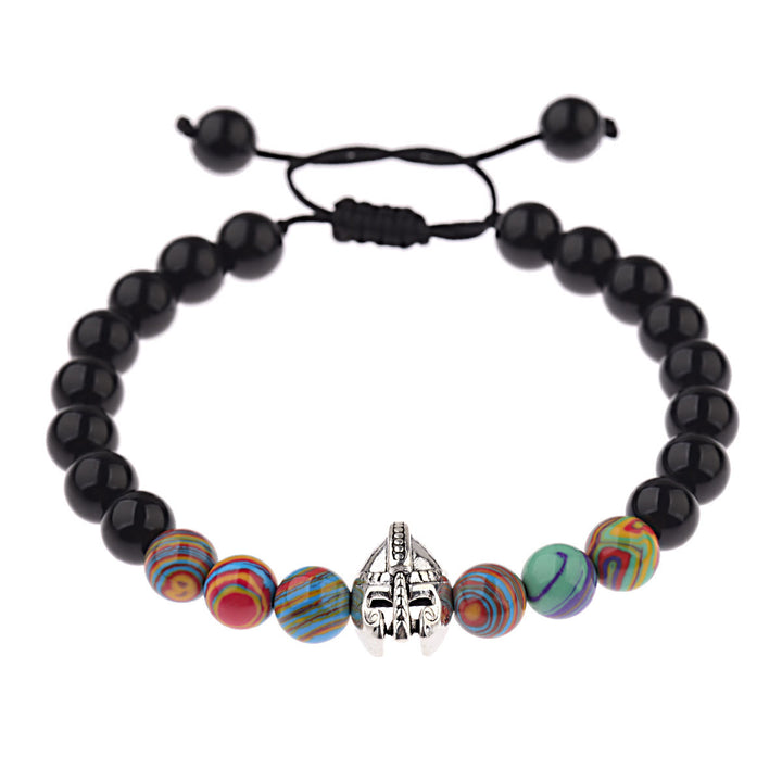 Bracciale Olivenorma con elmo da guerriero spartano regolabile da 8 mm con pietre preziose - Perle di ossidiana + resina arcobaleno + elmo d'argento - image 26