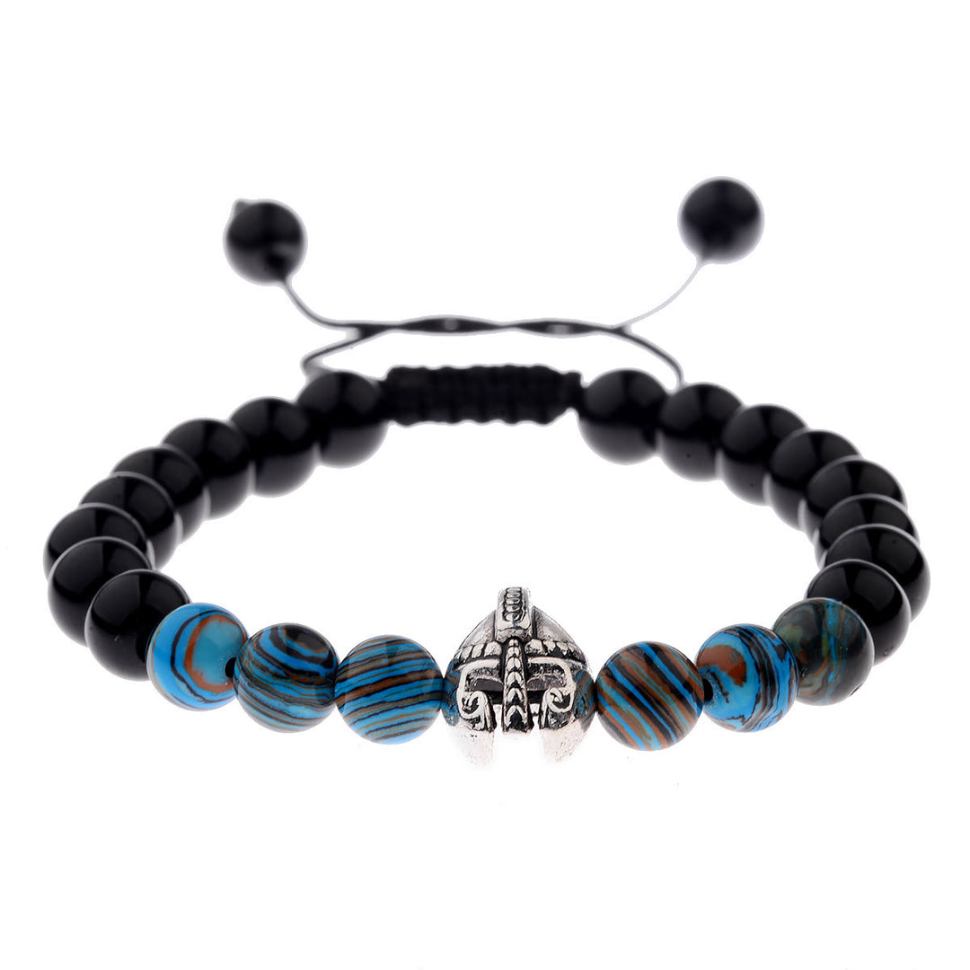 Bracciale Olivenorma con elmo da guerriero spartano regolabile da 8 mm con pietre preziose - Perle di ossidiana + resina blu + elmo d'argento - image 22