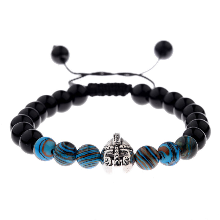 Bracciale Olivenorma con elmo da guerriero spartano regolabile da 8 mm con pietre preziose - Perle di ossidiana + resina blu + elmo d'argento - image 22