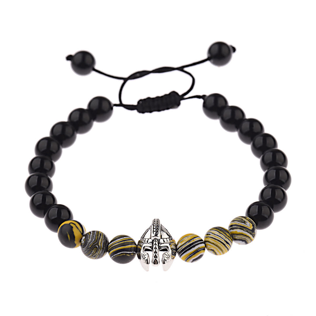 Bracciale Olivenorma con elmo da guerriero spartano regolabile da 8 mm con pietre preziose - Perle di ossidiana + resina gialla + elmo d'argento - image 25