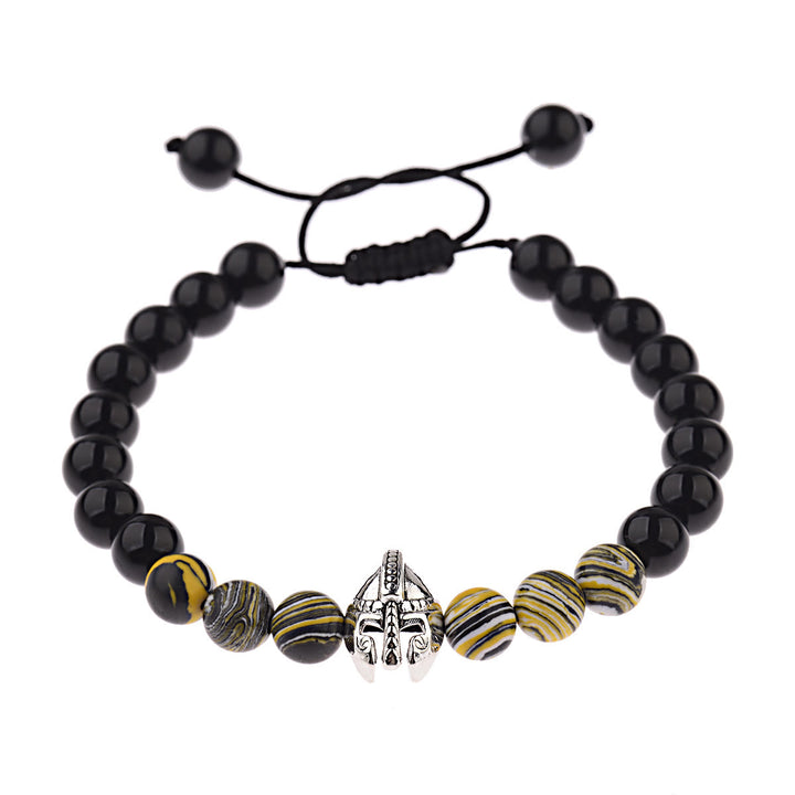 Bracciale Olivenorma con elmo da guerriero spartano regolabile da 8 mm con pietre preziose - Perle di ossidiana + resina gialla + elmo d'argento - image 25
