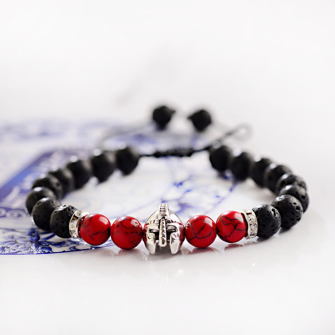 Bracciale Olivenorma con elmo da guerriero spartano regolabile da 8 mm con pietre preziose - Pietra lavica + turchese rosso + casco d'argento - image 13