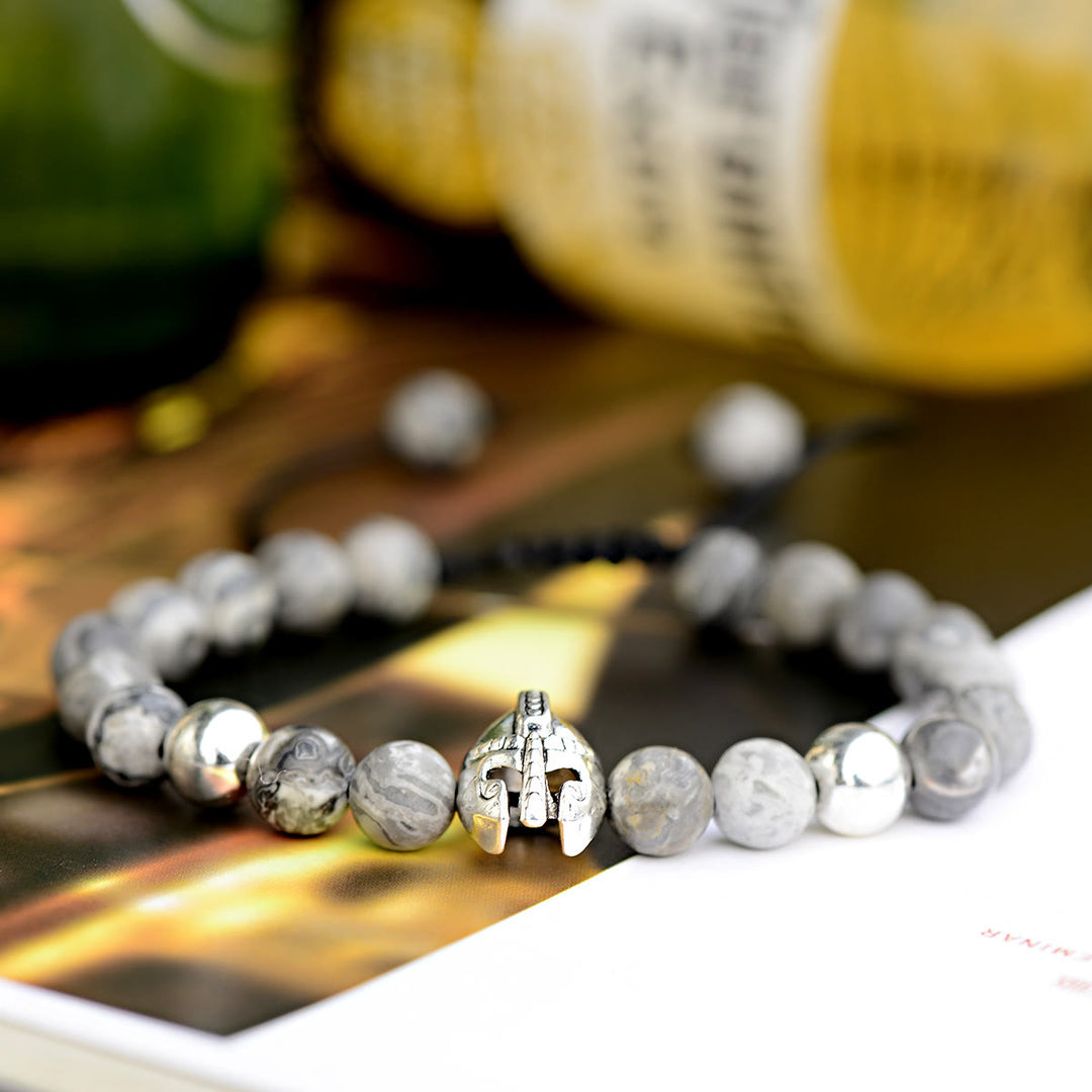Bracciale Olivenorma con elmo da guerriero spartano regolabile da 8 mm con pietre preziose - Elmo grigio diaspro + argento - image 18