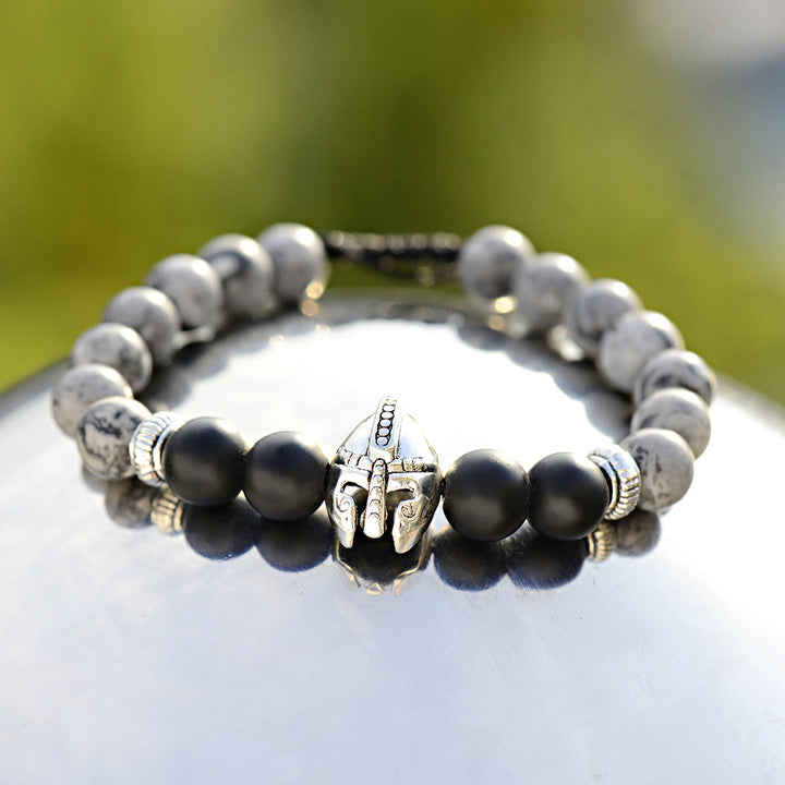 Bracciale Olivenorma con elmo da guerriero spartano regolabile da 8 mm con pietre preziose - Elmo di diaspro grigio + onice nero + argento - image 16