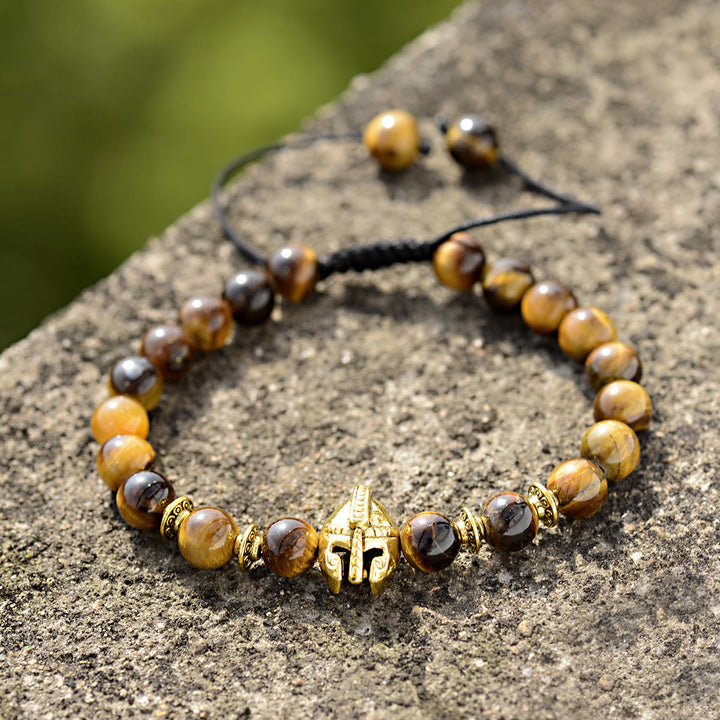 Bracciale Olivenorma con elmo da guerriero spartano regolabile da 8 mm con pietre preziose - Occhio di tigre + casco d'oro - image 8