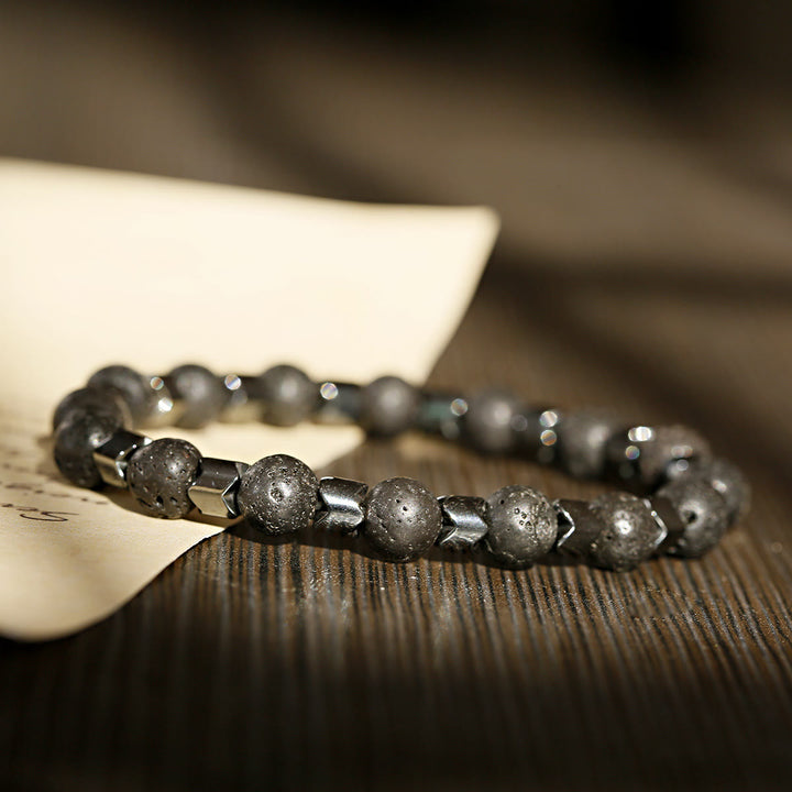 Braccialetto elasticizzato con perline di ematite e pietra lavica Olivenorma da 8 mm - Pietra lavica + ematite - image 2