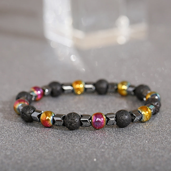 Braccialetto elasticizzato con perline di ematite e pietra lavica Olivenorma da 8 mm - Ematite arcobaleno + pietra lavica - image 9
