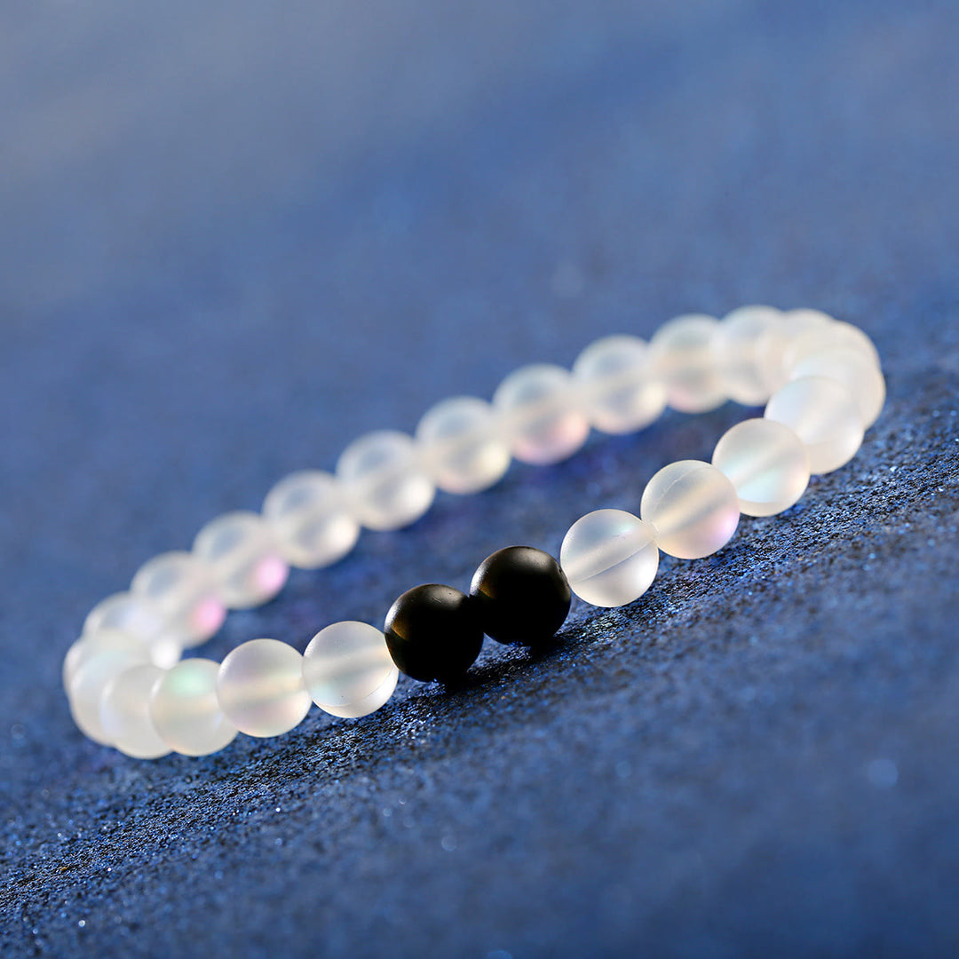 Braccialetto elasticizzato con perline Olivenorma Moonstone e onice nero Besties - image 2