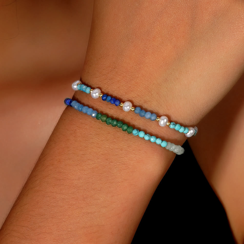 Olivenorma Bracciale in perline turchese e acquamarina in stile boho, 2 pezzi - image 2