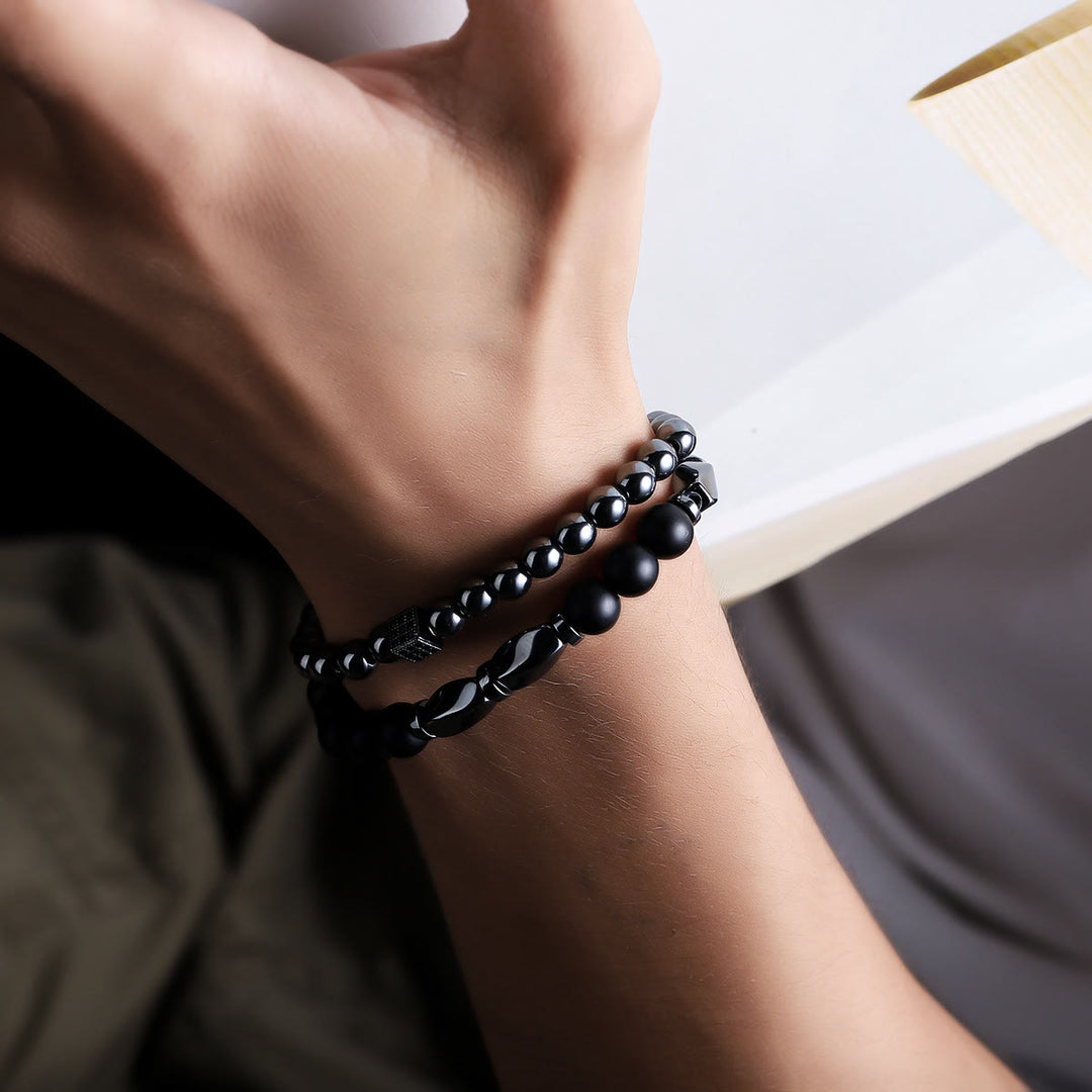 Olivenorma Bracciale elastico con perline in ematite e onice nero da uomo, 2 pezzi - image 3
