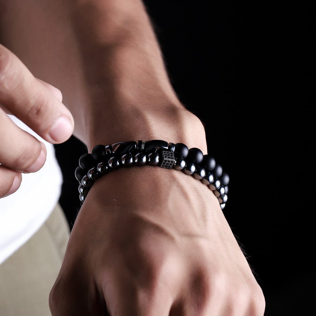 Olivenorma Bracciale elastico con perline in ematite e onice nero da uomo, 2 pezzi - image 2