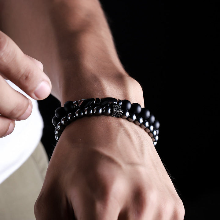 Olivenorma Bracciale elastico con perline in ematite e onice nero da uomo, 2 pezzi - image 2