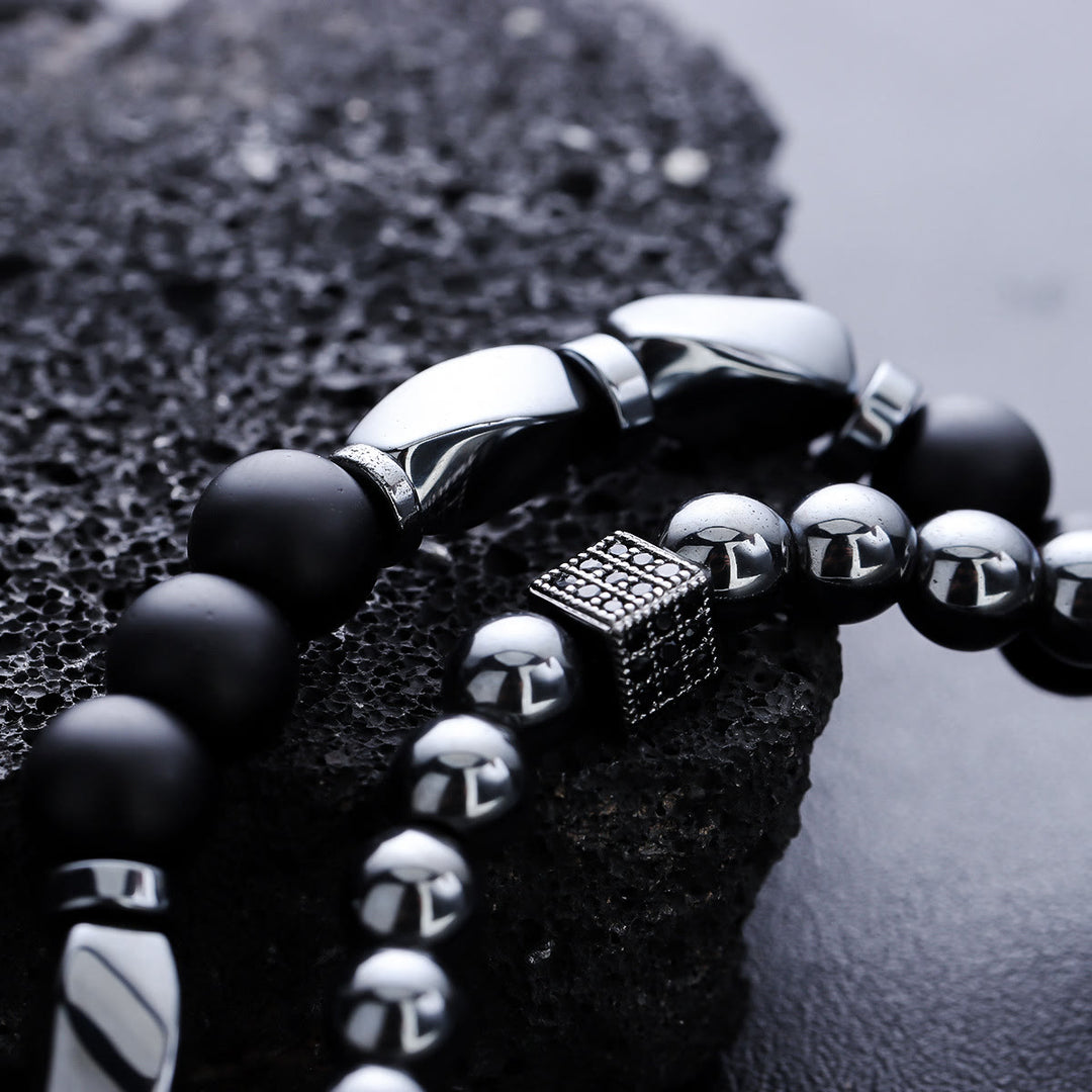 Olivenorma Bracciale elastico con perline in ematite e onice nero da uomo, 2 pezzi - image 7