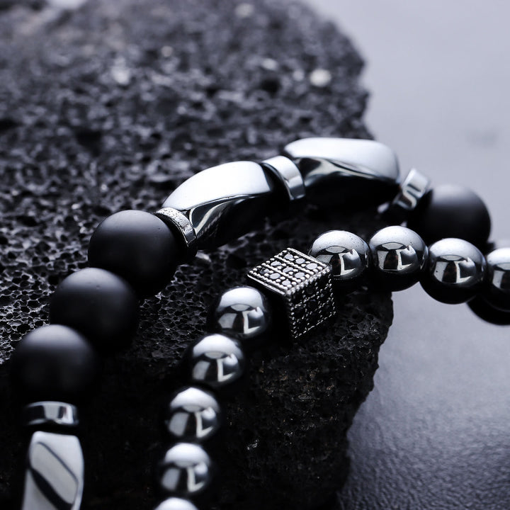 Olivenorma Bracciale elastico con perline in ematite e onice nero da uomo, 2 pezzi - image 7