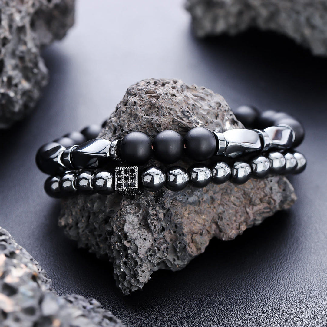 Olivenorma Bracciale elastico con perline in ematite e onice nero da uomo, 2 pezzi - Set di 2 braccialetti - image 1