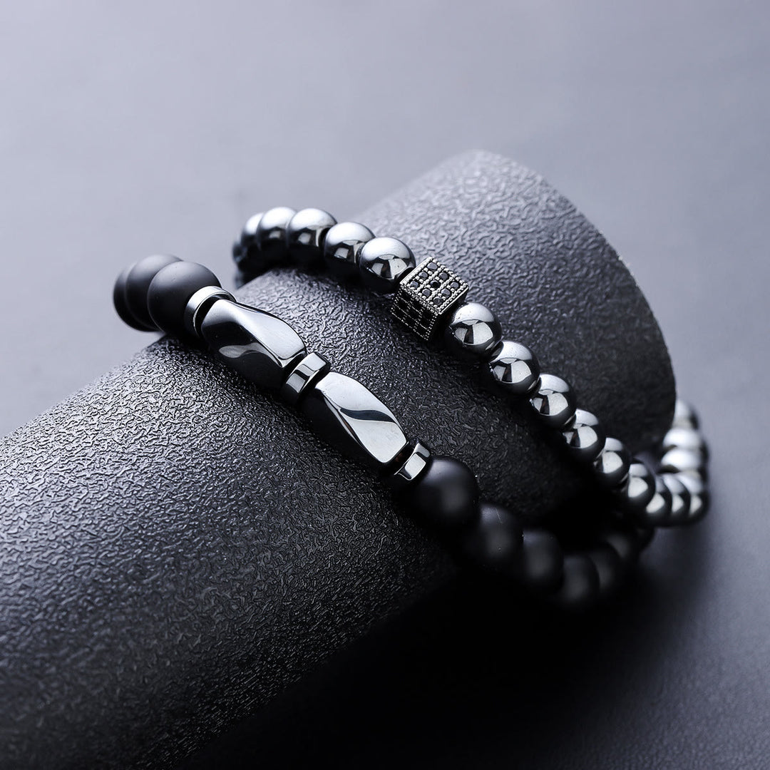Olivenorma Bracciale elastico con perline in ematite e onice nero da uomo, 2 pezzi - image 6