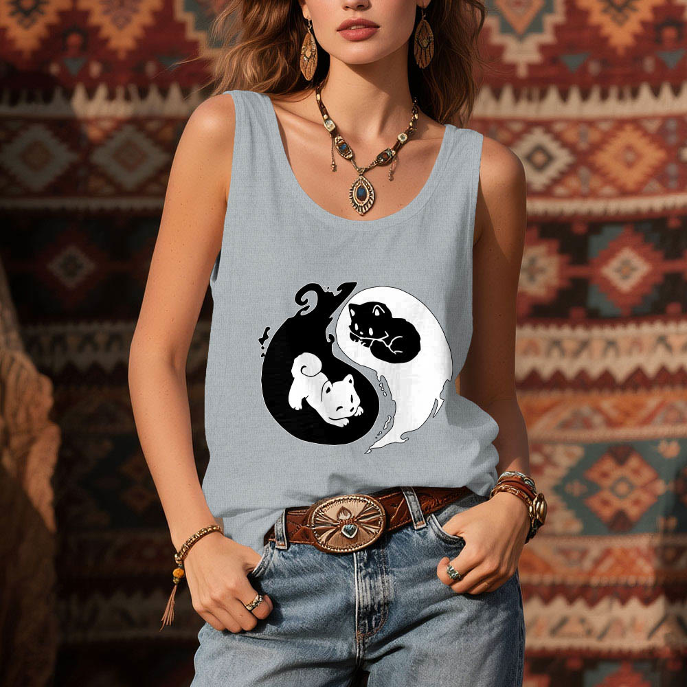 Canotta Olivenorma con motivo filosofico del gatto Yin-Yang in bianco e nero - image 1