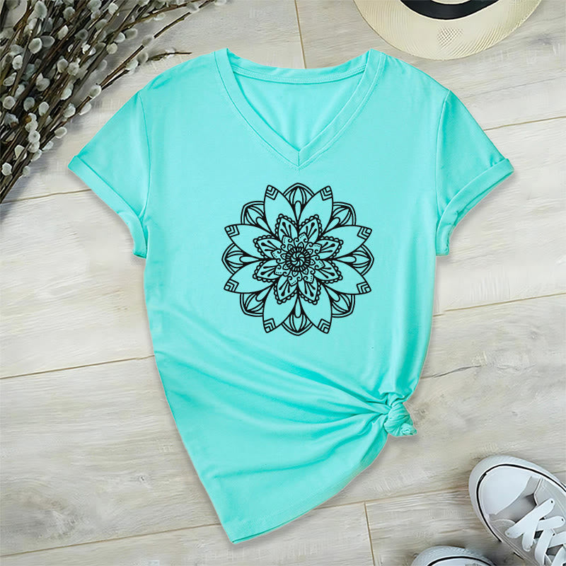 Olivenorma Mandala Floral Tee V-Neck Regular Fit Lotus Spiritual T-Shirt - Ciano - 2XL - image 15
