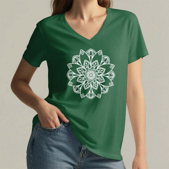 Olivenorma Mandala Floral Tee V-Neck Regular Fit Lotus Spiritual T-Shirt - image 19