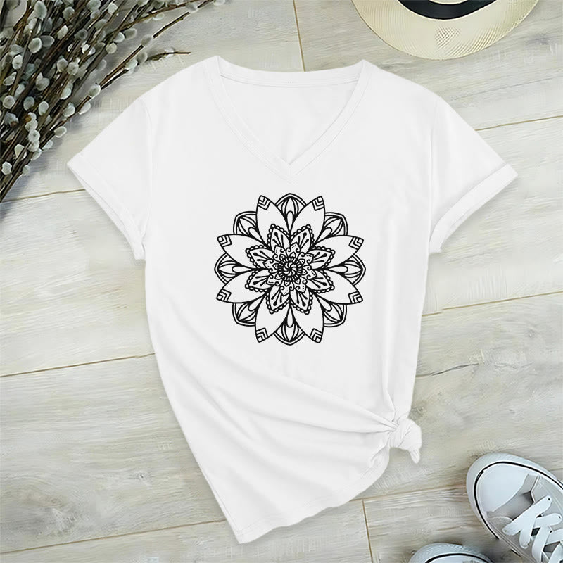 Olivenorma Mandala Floral Tee V-Neck Regular Fit Lotus Spiritual T-Shirt - Bianco - 2XL - image 10