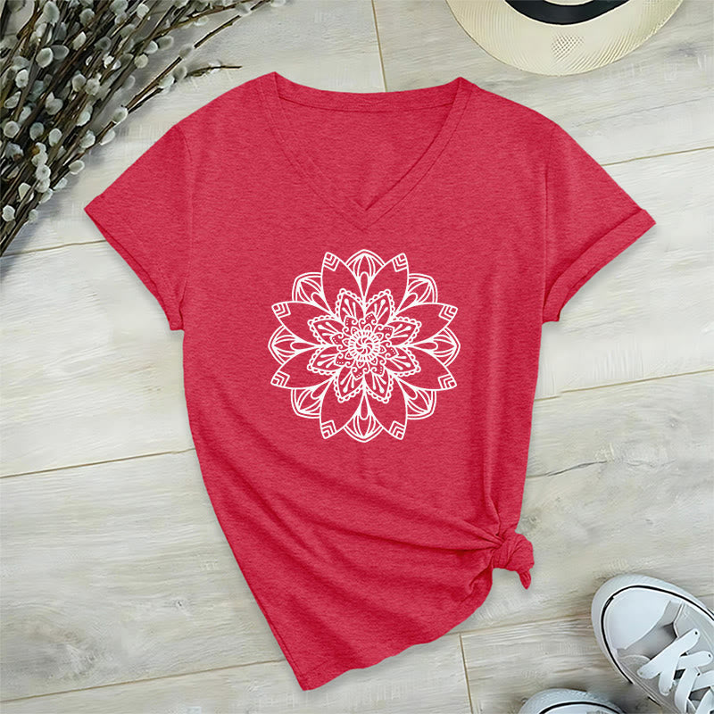 Olivenorma Mandala Floral Tee V-Neck Regular Fit Lotus Spiritual T-Shirt - Rosso - 2XL - image 27