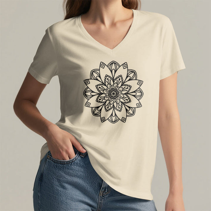 Olivenorma Mandala Floral Tee V-Neck Regular Fit Lotus Spiritual T-Shirt - image 12