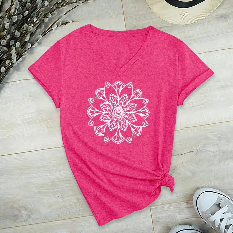 Olivenorma Mandala Floral Tee V-Neck Regular Fit Lotus Spiritual T-Shirt - Rosa acceso - 2XL - image 29