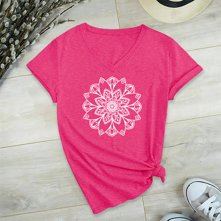 Olivenorma Mandala Floral Tee V-Neck Regular Fit Lotus Spiritual T-Shirt - Rosa acceso - 2XL - image 29