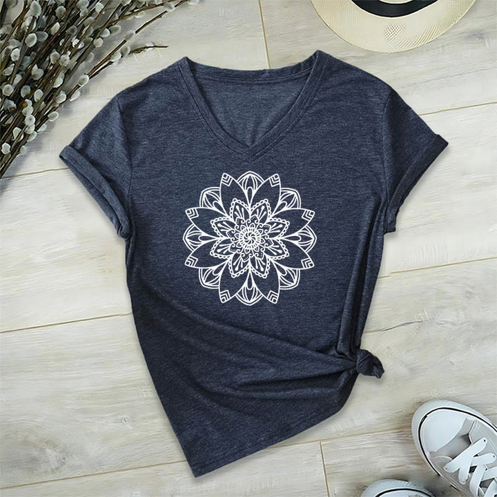 Olivenorma Mandala Floral Tee V-Neck Regular Fit Lotus Spiritual T-Shirt - Marina - 2XL - image 22