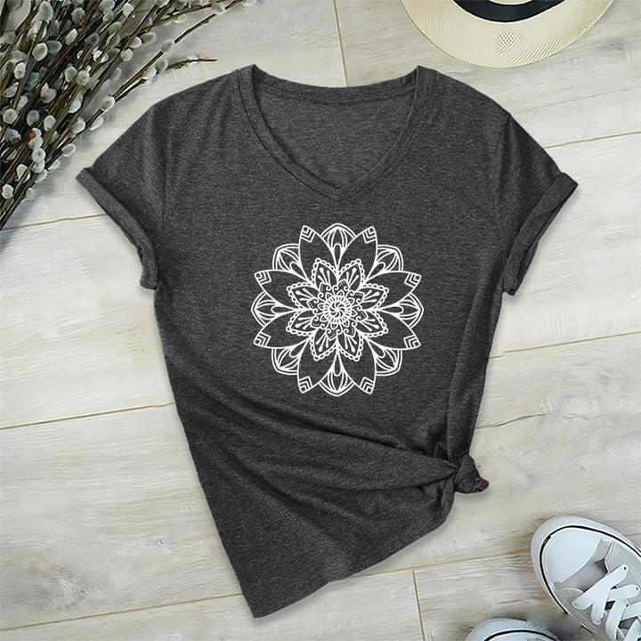 Olivenorma Mandala Floral Tee V-Neck Regular Fit Lotus Spiritual T-Shirt - Grigio - 2XL - image 23