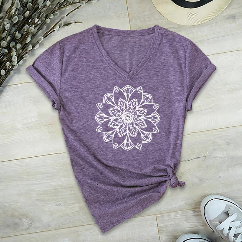 Olivenorma Mandala Floral Tee V-Neck Regular Fit Lotus Spiritual T-Shirt - Viola - 2XL - image 20