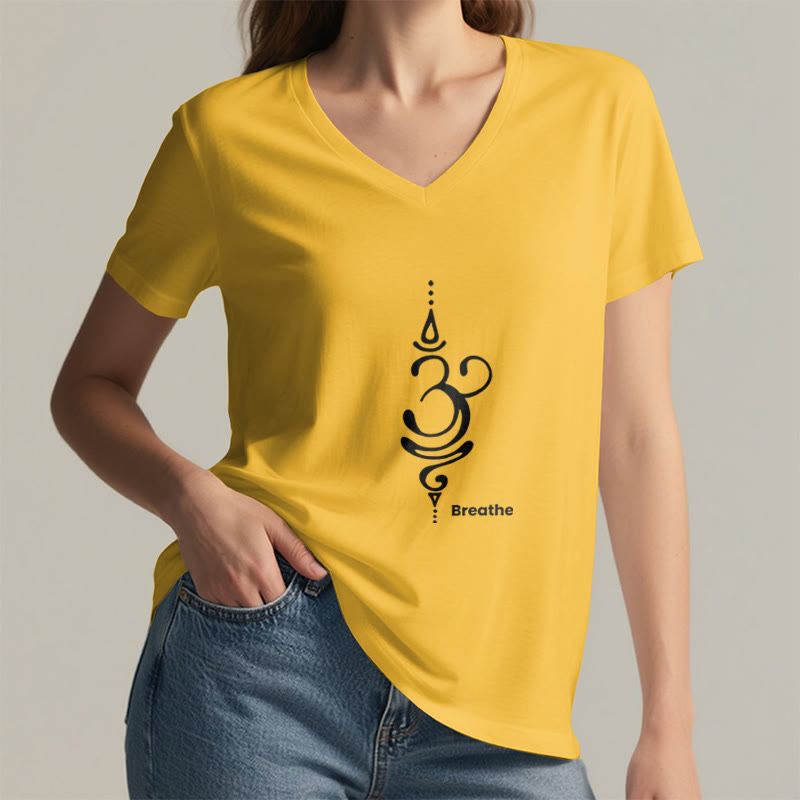 Olivenorma Breathe Symbol - Maglietta da meditazione yoga in cotone a maniche corte con scollo a V da donna - image 15