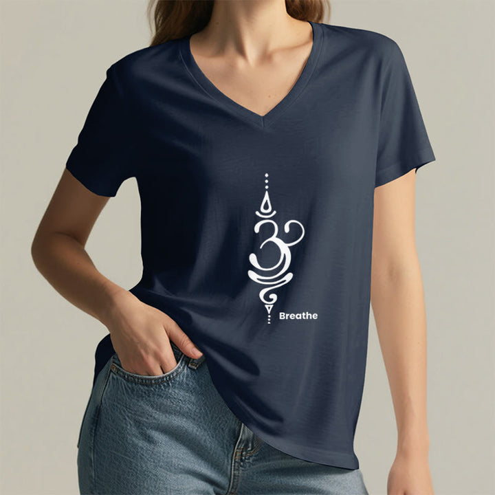 Olivenorma Breathe Symbol - Maglietta da meditazione yoga in cotone a maniche corte con scollo a V da donna - image 23
