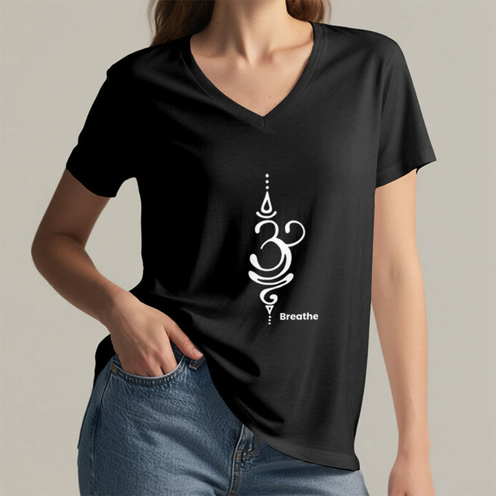 Olivenorma Breathe Symbol - Maglietta da meditazione yoga in cotone a maniche corte con scollo a V da donna - image 9