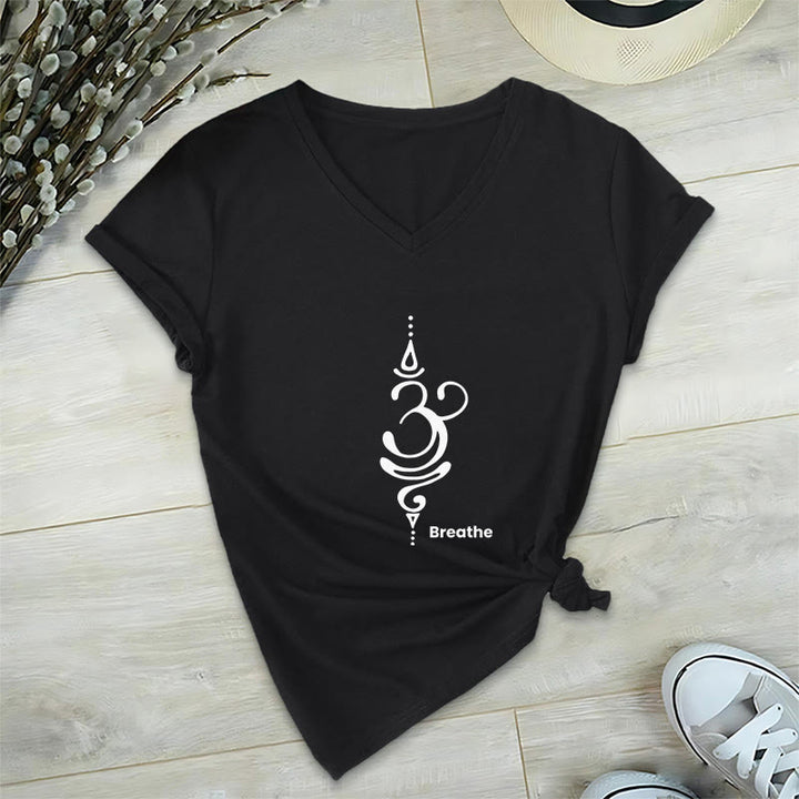 Olivenorma Breathe Symbol - Maglietta da donna a maniche corte con scollo a V per yoga e meditazione - Nero - 2XL - image 7