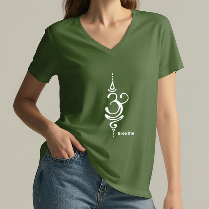 Olivenorma Breathe Symbol - Maglietta da donna a maniche corte con scollo a V per yoga e meditazione - image 24