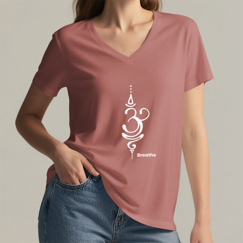 Olivenorma Breathe Symbol - Maglietta da meditazione yoga in cotone a maniche corte con scollo a V da donna - image 27