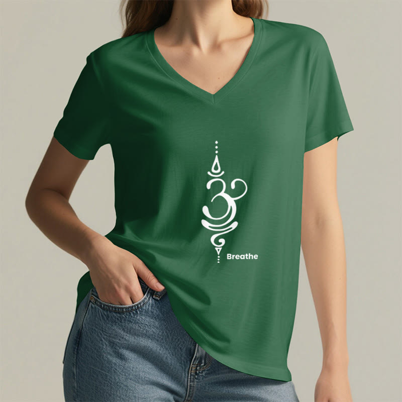 Olivenorma Breathe Symbol - Maglietta da meditazione yoga in cotone a maniche corte con scollo a V da donna - image 19