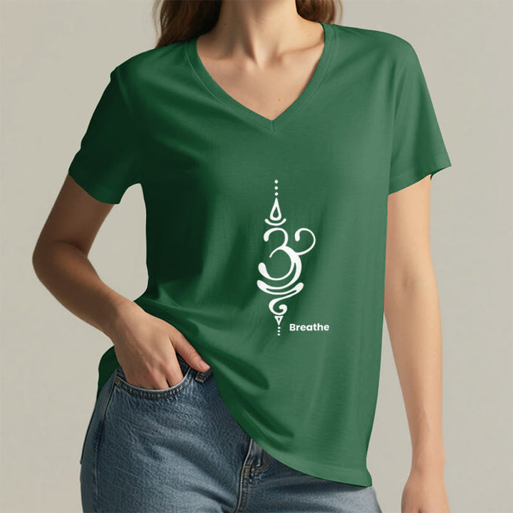 Olivenorma Breathe Symbol - Maglietta da meditazione yoga in cotone a maniche corte con scollo a V da donna - image 19