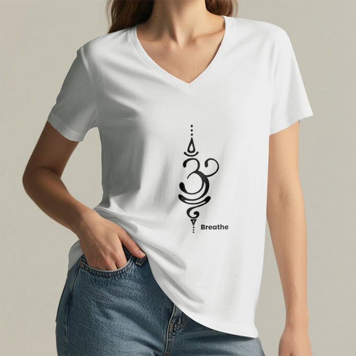 Olivenorma Breathe Symbol - Maglietta da meditazione yoga in cotone a maniche corte con scollo a V da donna - image 11