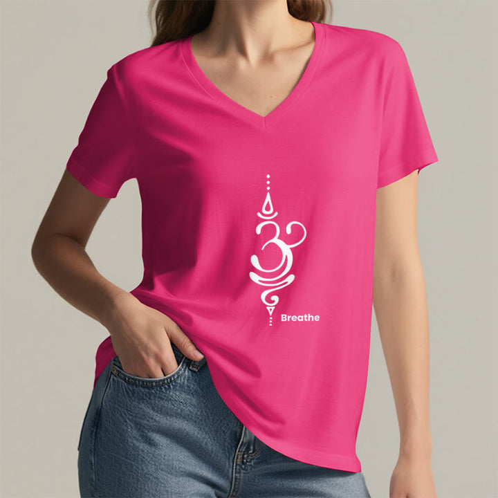 Olivenorma Breathe Symbol - Maglietta da meditazione yoga in cotone a maniche corte con scollo a V da donna - image 31
