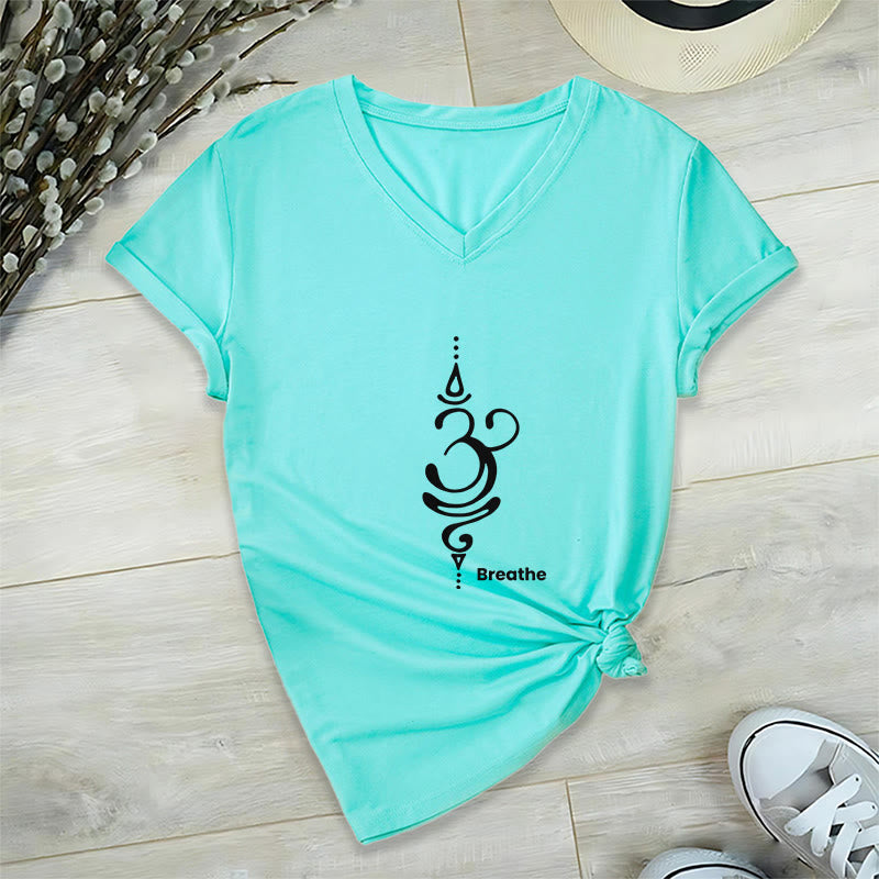 Olivenorma Breathe Symbol - Maglietta da meditazione yoga in cotone a maniche corte con scollo a V da donna - Ciano - 2XL - image 16