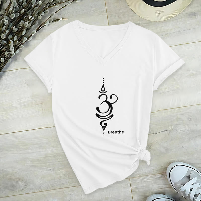 Olivenorma Breathe Symbol - Maglietta da donna a maniche corte con scollo a V per yoga e meditazione - Bianco - 2XL - image 9