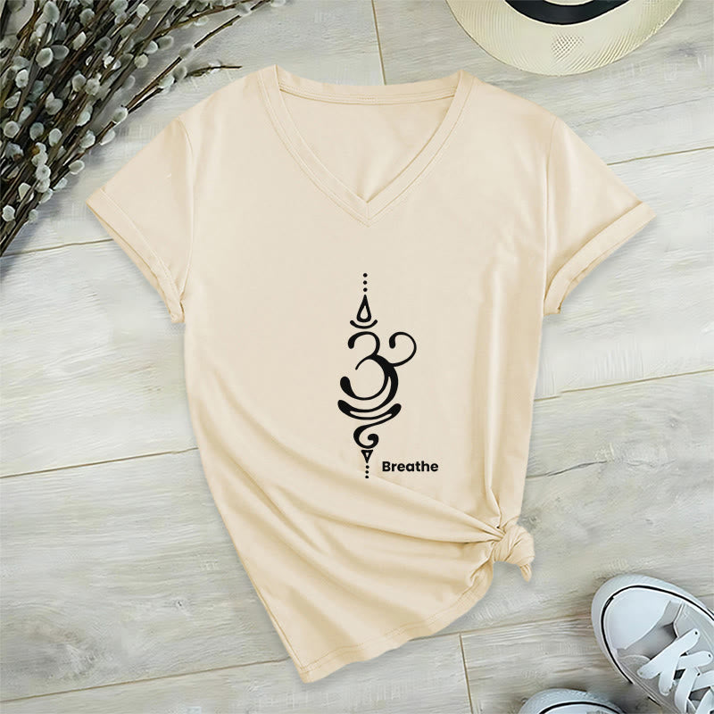 Olivenorma Breathe Symbol - Maglietta da meditazione yoga in cotone a maniche corte con scollo a V da donna - Beige - 2XL - image 12