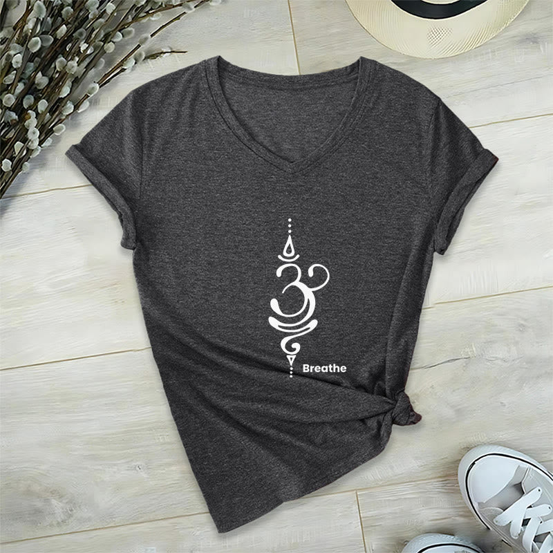 Olivenorma Breathe Symbol - Maglietta da meditazione yoga in cotone a maniche corte con scollo a V da donna - Grigio - 2XL - image 1