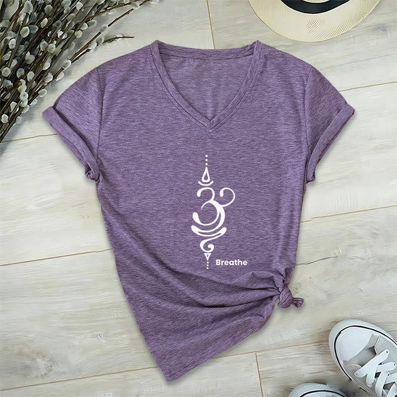 Olivenorma Breathe Symbol - Maglietta da meditazione yoga in cotone a maniche corte con scollo a V da donna - Viola - 2XL - image 20